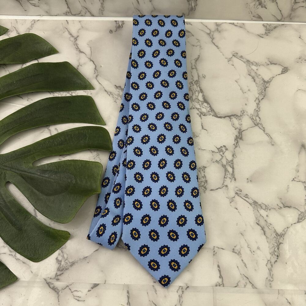 Alfred Dunhill Mens Silk Neck Tie Blue Yellow Medallion Floral Classic Style